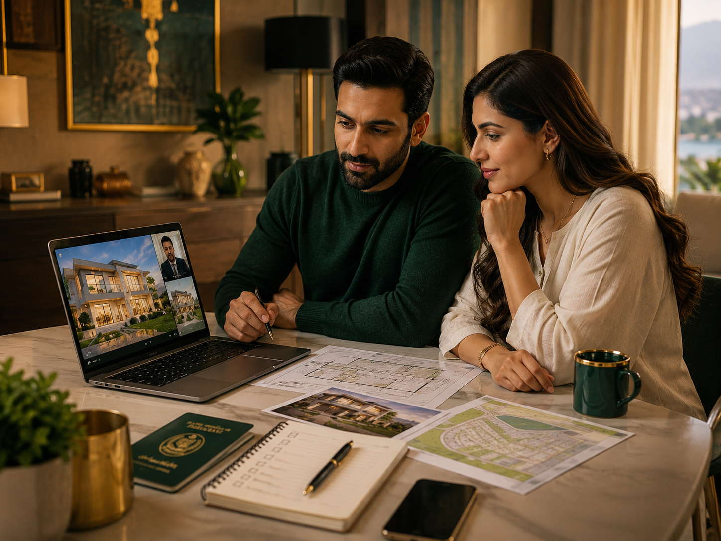 Overseas Pakistani couple reviewing a property purchase from abroad